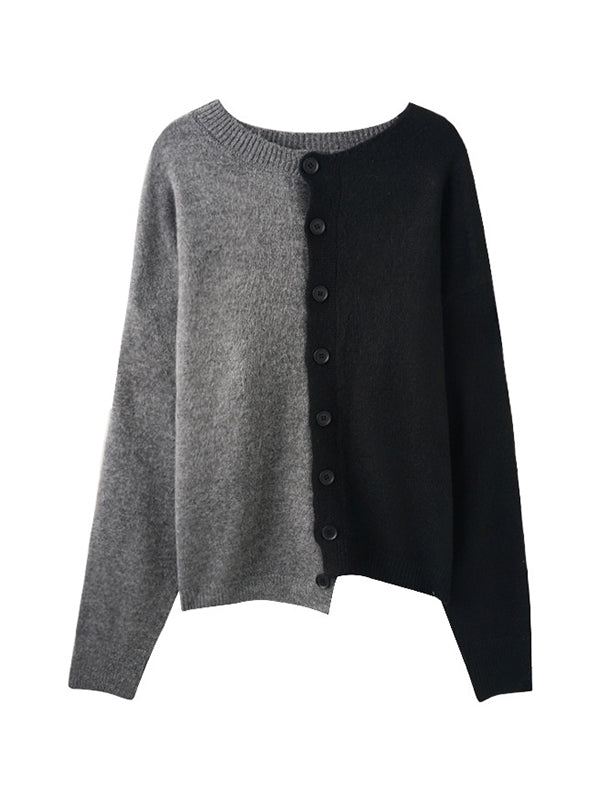 Asymmetric Buttoned Contrast Color Split-Joint Long Sleeves Roomy Round-Neck Cardigan Tops