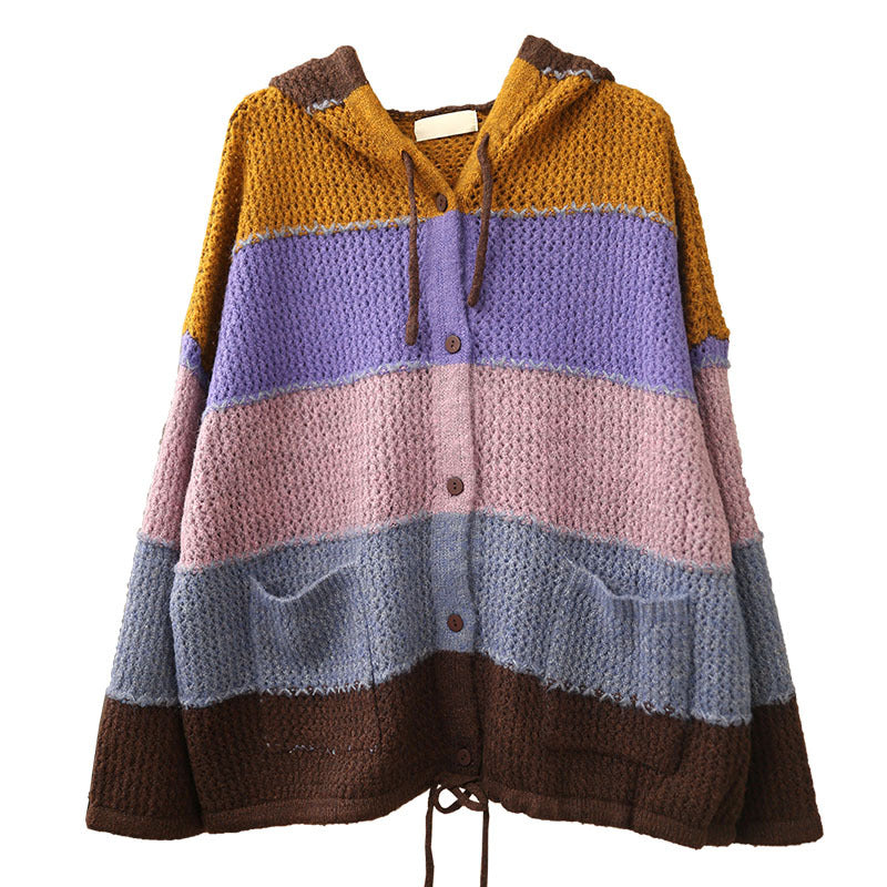 Casual Color Striped Hooded Knit Sweater