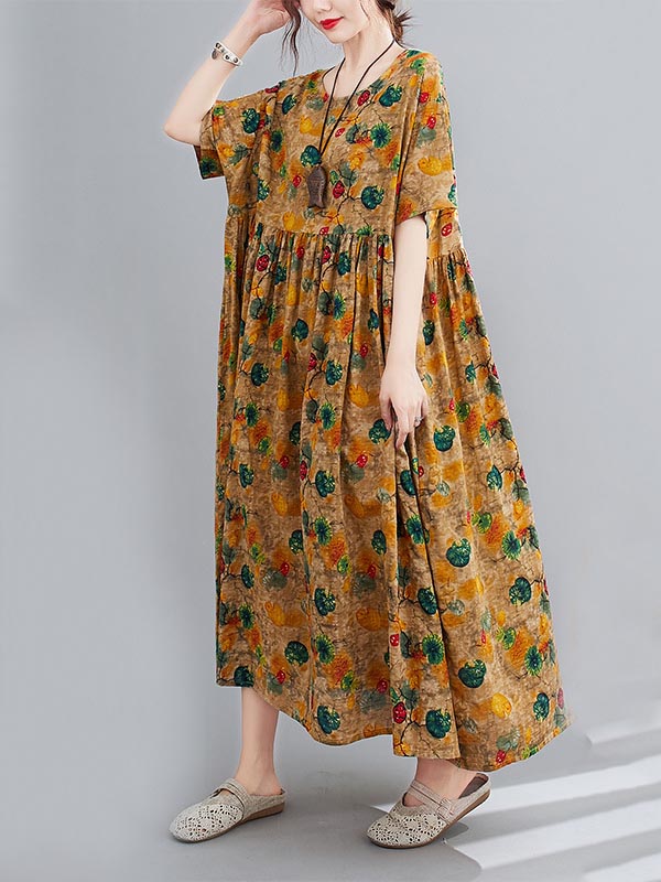 Artistic Retro Floral Round-Neck Dress