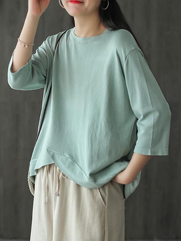 Solid Color Loose Round Neck Cropped T-Shirt