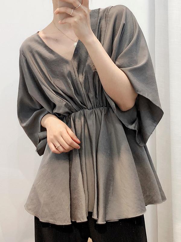 Loose Solid V-Neck Bat Sleeves Chiffon Shirt