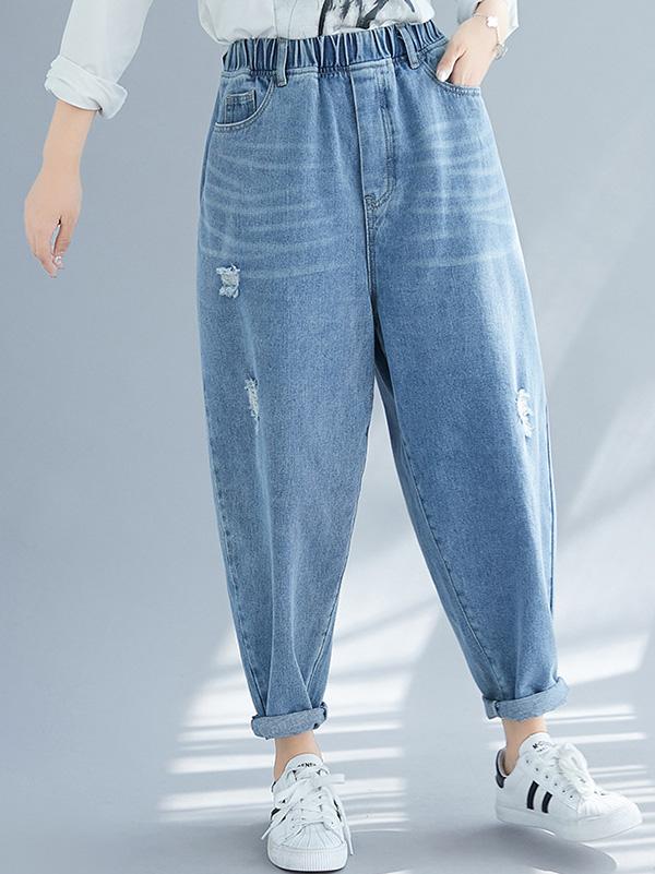 Casual Elasticity Hole Capri-Pants