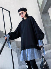 Loose False Two Jean Splicing Round Neck Sweatshirt