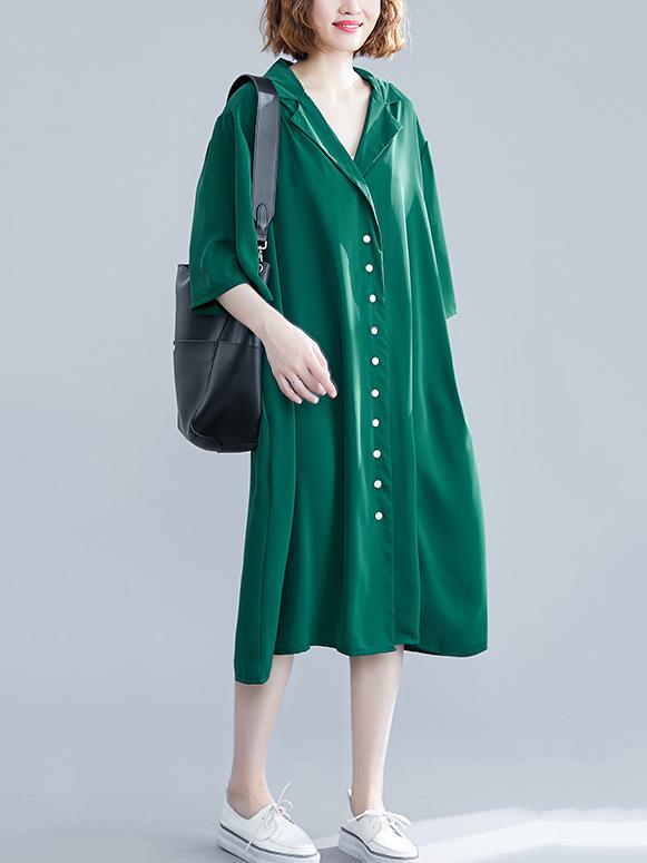 Green&Black Loose Lapel Half Sleeves Dress