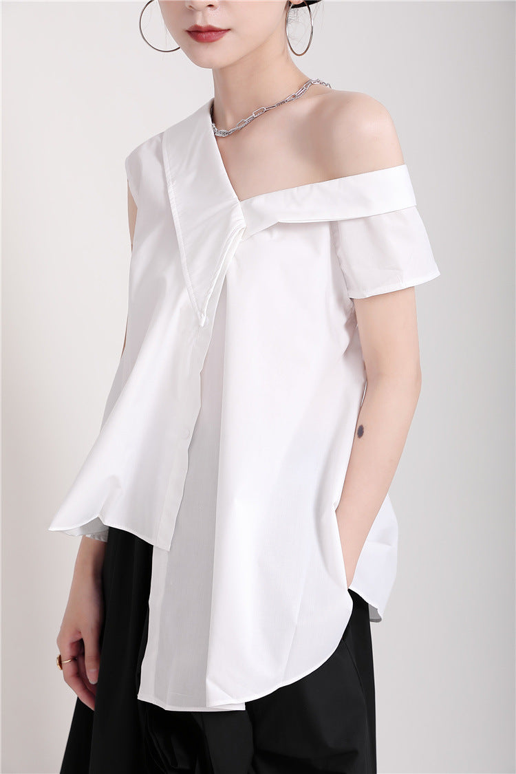 Women Lace Up Big Bow Irregular Slanted Shoulder Shirt