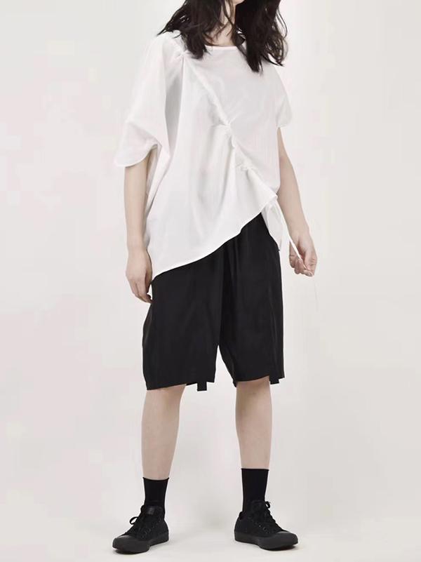 White&Black Asymmetric Drawstring T-Shirt