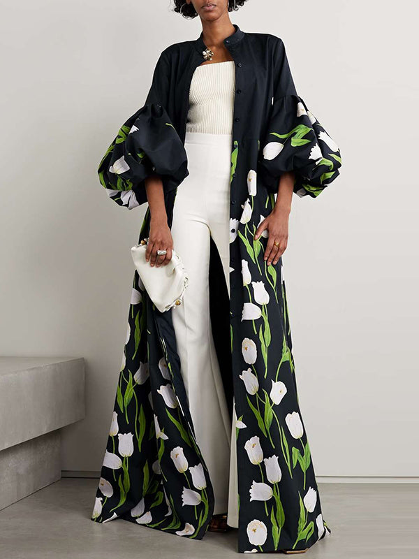 Long Sleeves Loose Floral Floral Printed Pleated Split-Joint Stand Collar Trench Coats