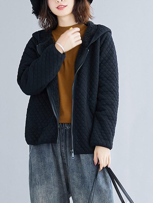 Plain Rhombic Velvet Zipper Hooded Coat