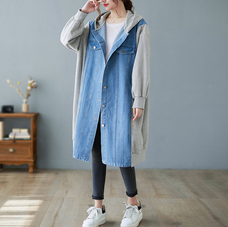 Large Size Hooded Denim Stitching Mid-Length Coat