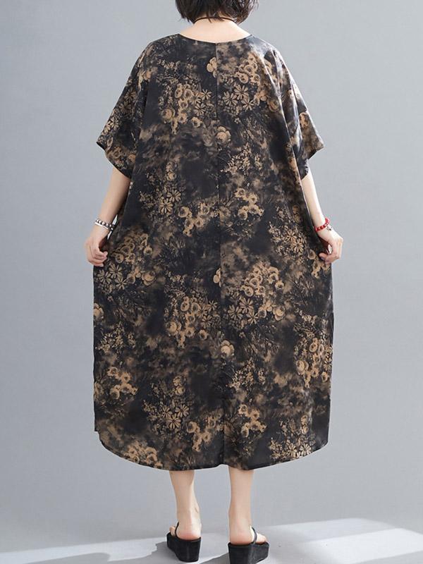 Plus Size Loose Printed V-Neck Midi Dress