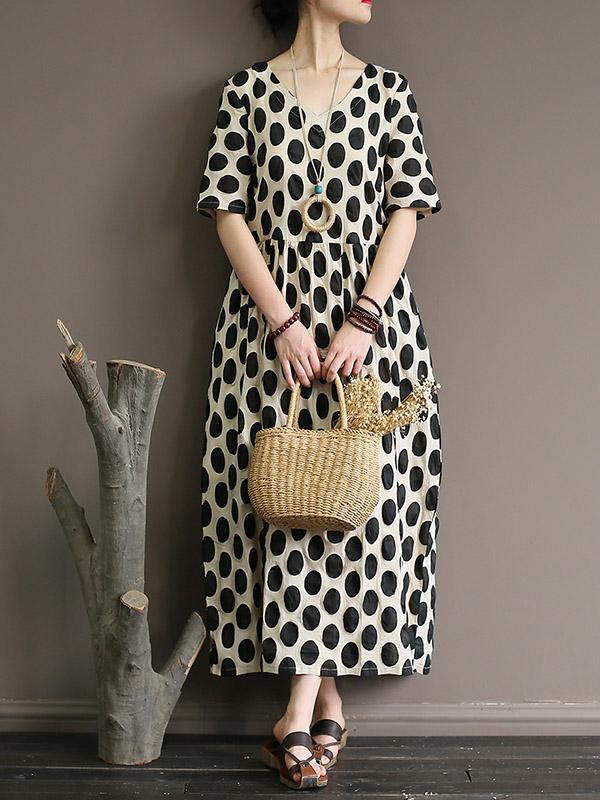 Loose Polka Dot Printed V-neck Long Dress