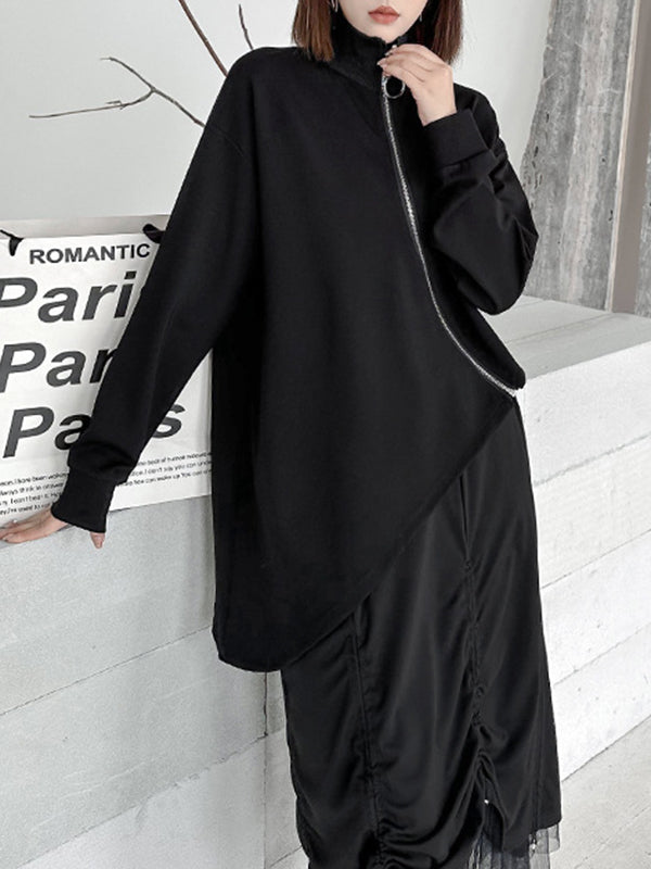 Irregular Clipping Long Sleeves Asymmetric Zipper High-Neck Jackets Outerwear