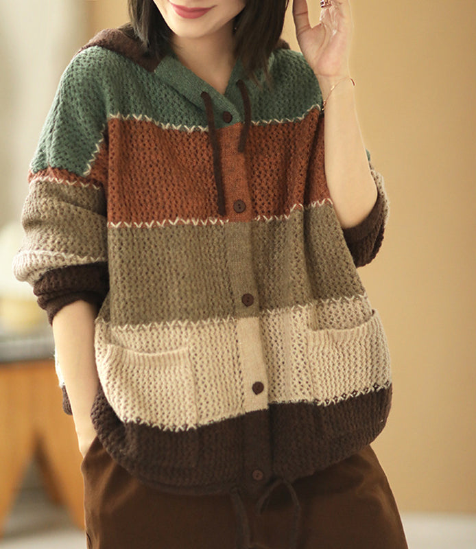 Casual Color Striped Hooded Knit Sweater