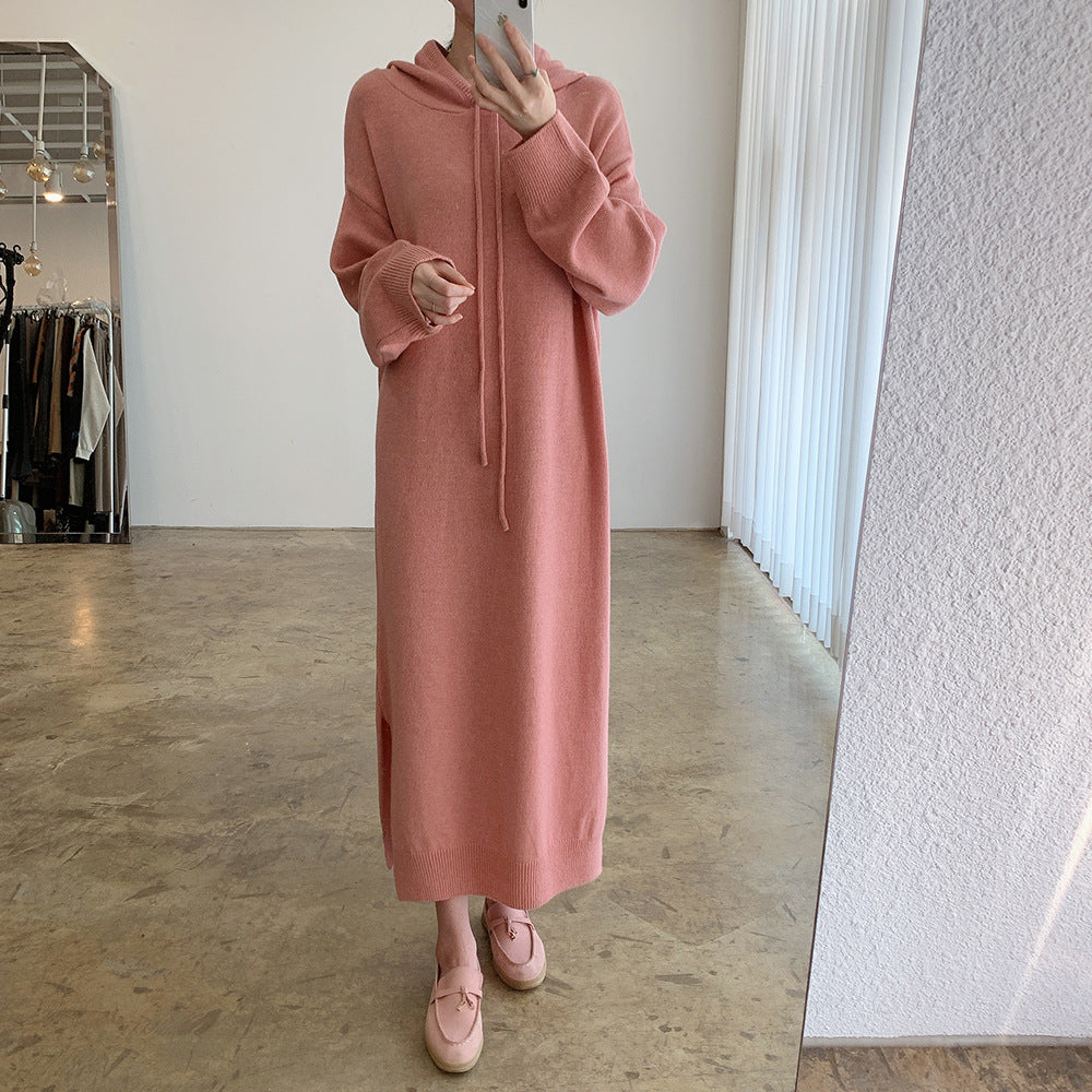 Loose Solid Knitted Split Hooded Midi Dress