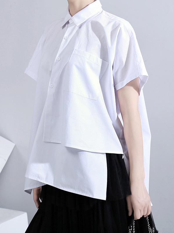 New Cropped Split-Joint Solid Lapel Shirt