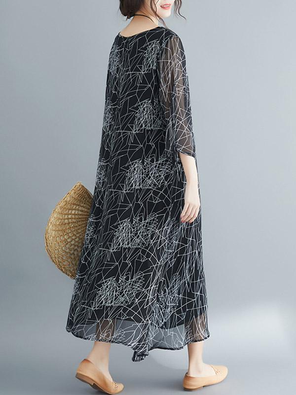 Loose Print Vintage Round Neck Dress