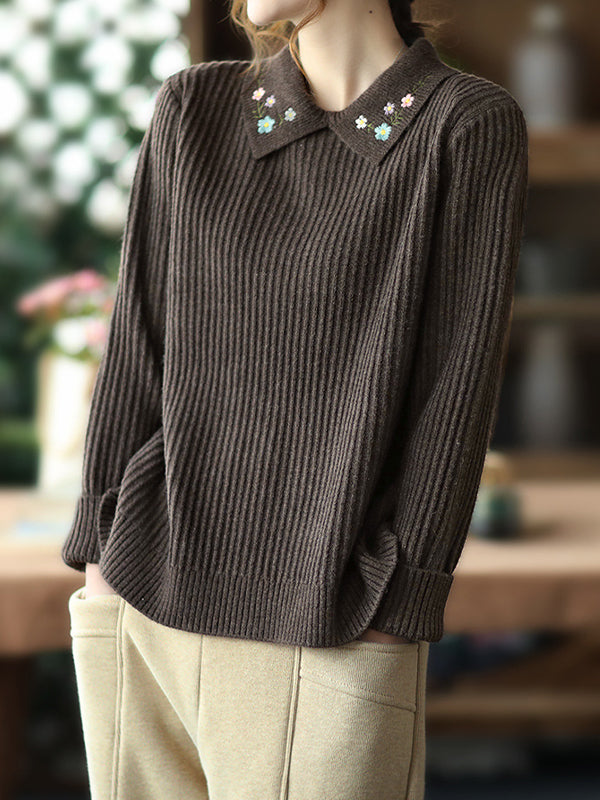 Embroidered Lapel Loose Knitting Sweater