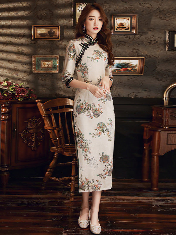 Stand-Up Neckline, High Slit, Seven-Part Sleeve Lace Cheongsam Maxi Dress
