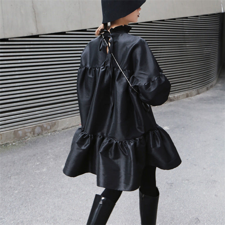Retro Puff Sleeve Solid Color Midi Dress