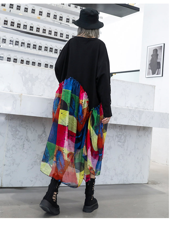 Women Color Matching Loose Long Sleeve Dress