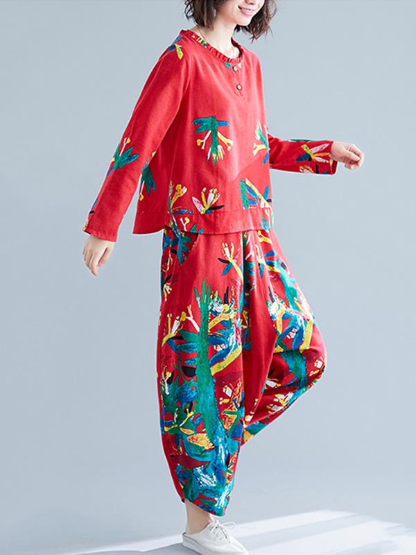 Casual Floral Printed Blouses&Pants Suits