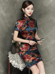 Elegant Flower Short Slim Cheongsam Dress