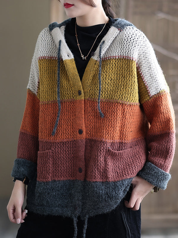 Casual Color Striped Hooded Knit Sweater