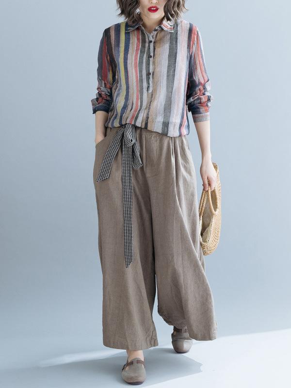 Lapel Striped Blouse&Solid Wide Leg Pants Suits