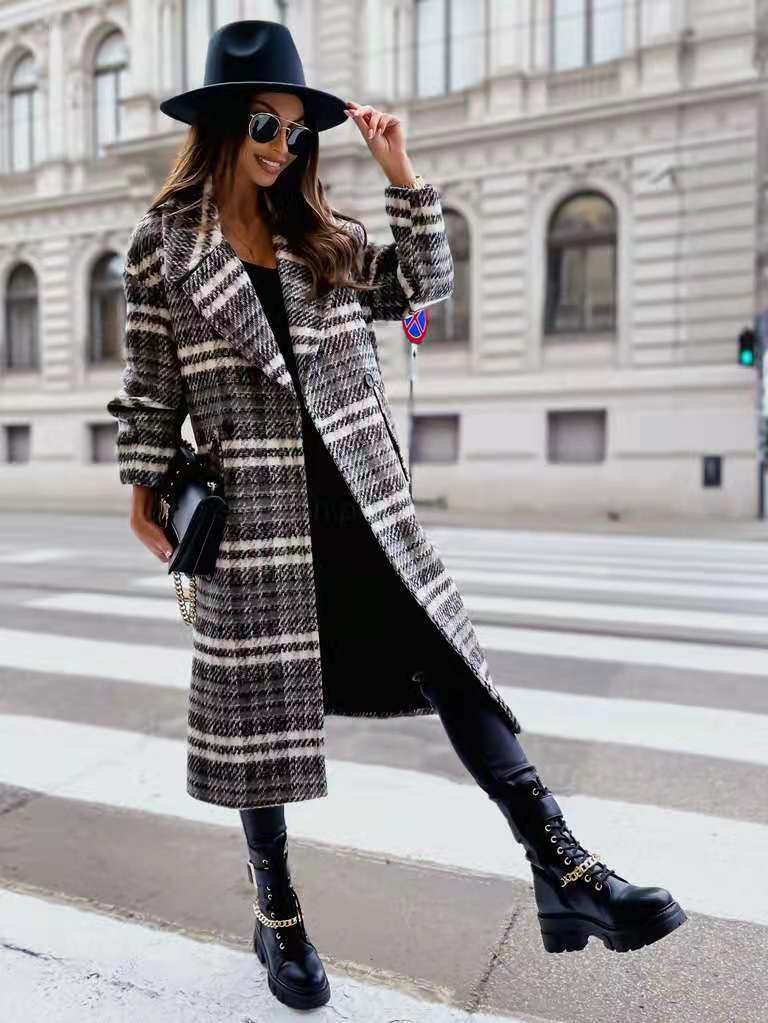 Classic Plaid Lapel Collar Midi Outerwear