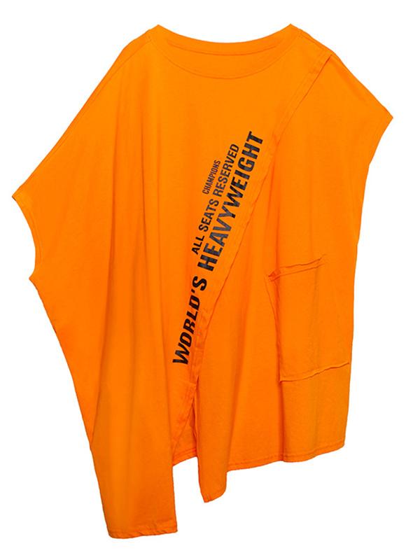 Cropped Letter Print Split-Front Round-Neck T-Shirt