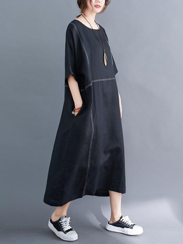 Loose Split-Joint Round-Neck Long Dress