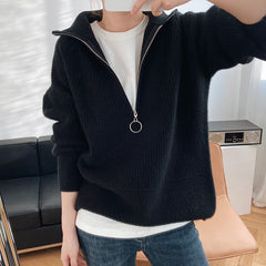 Women High Neck Zipper Pullover Sweater