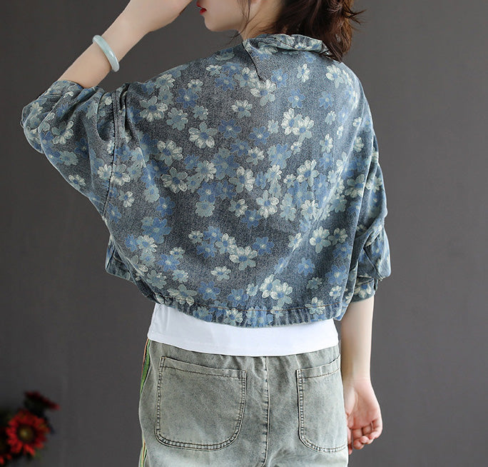 Vintage Print Bat Long Sleeve Loose Button Casual Jacket