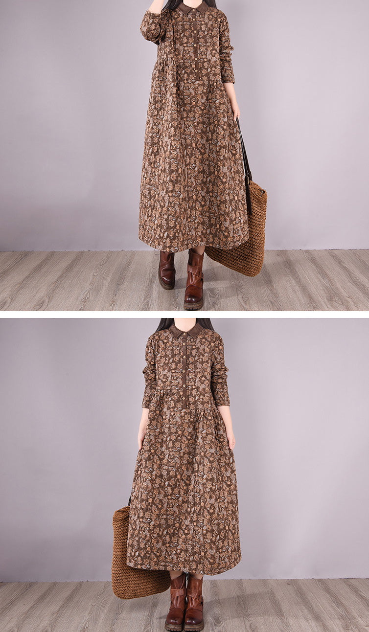 Floral Lapel Loose-Fitting Midi Dress