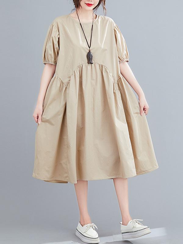 Fashion Solid Pleats Bishop Sleeve Dress