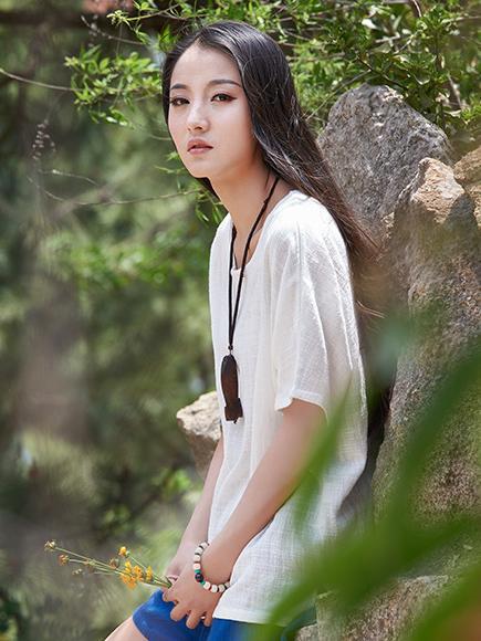 White&Purple High-low Short Sleeves Ramie Cotton T-shirt