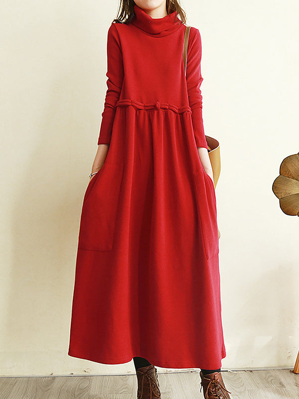 Long Sleeves Solide High Neck Maxi Dress