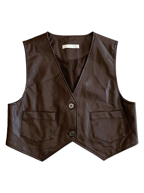 Retro Sleeveless V-Neck Pu Waistcoat