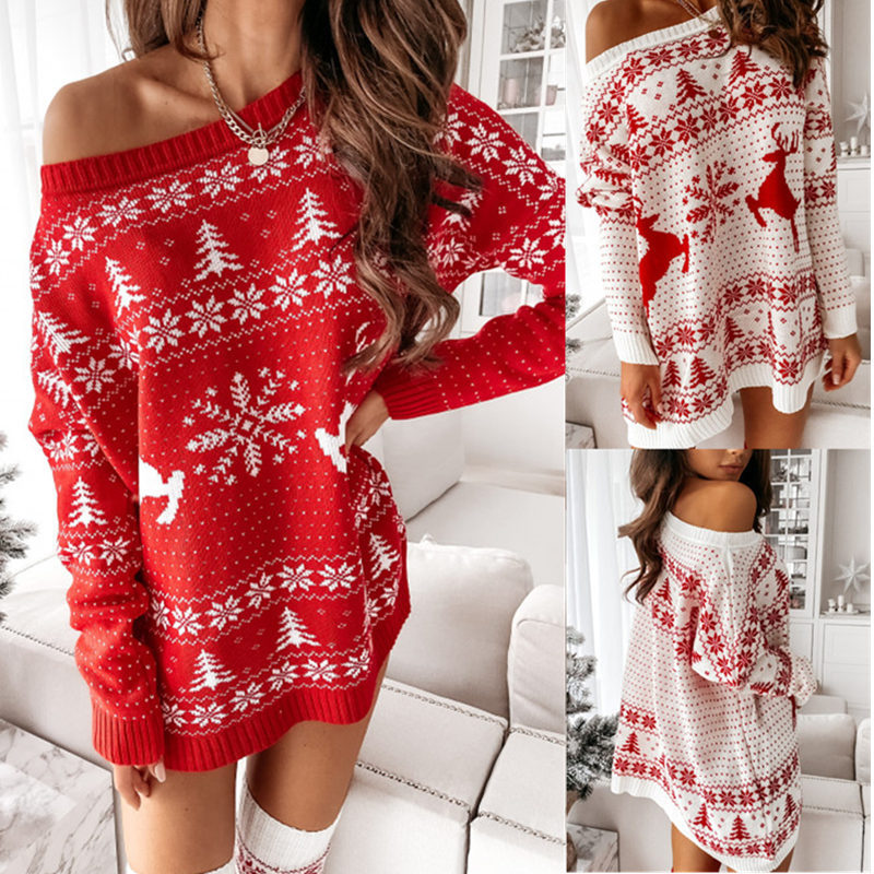 Christmas Jacquard Loose Knitted Long Sleeve Mini Dress