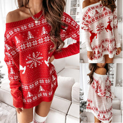 Christmas Jacquard Loose Knitted Long Sleeve Mini Dress