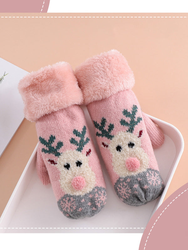 Women Plus Velvet Cartoon Printing Gloves