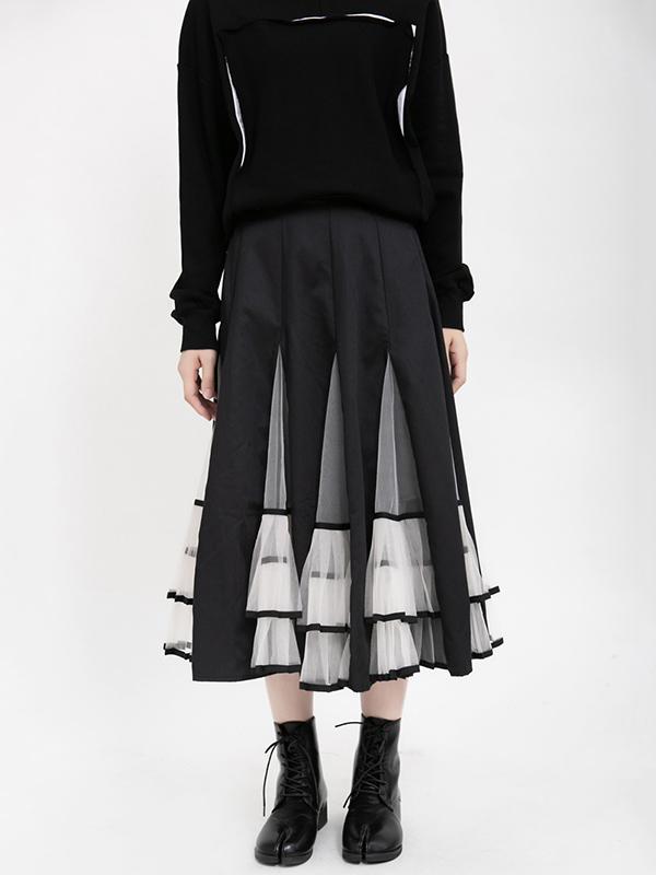 High-Rise Mesh Lace Pleated Skirt