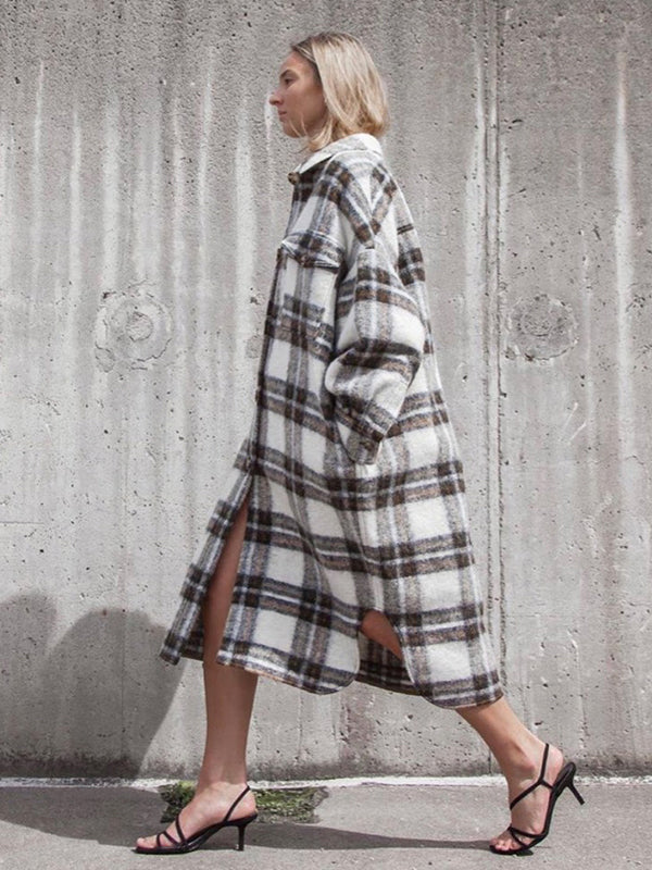 Classic Plaid Lapel Collar Midi Outerwear