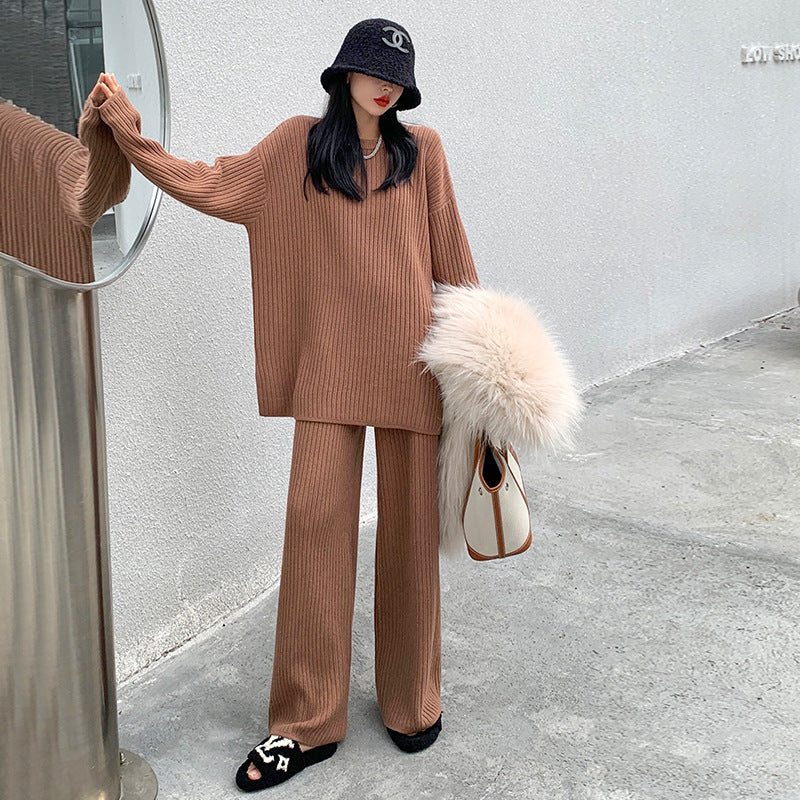 Simple Solid Color Sweater And Trousers Two-Piece Set