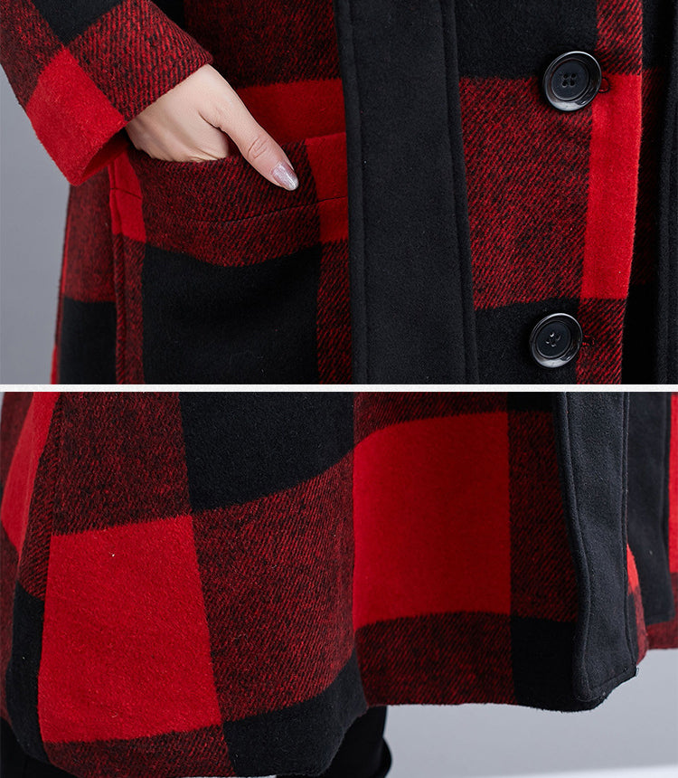 Hooded Thick Woolen Plaid Loose Long Coat