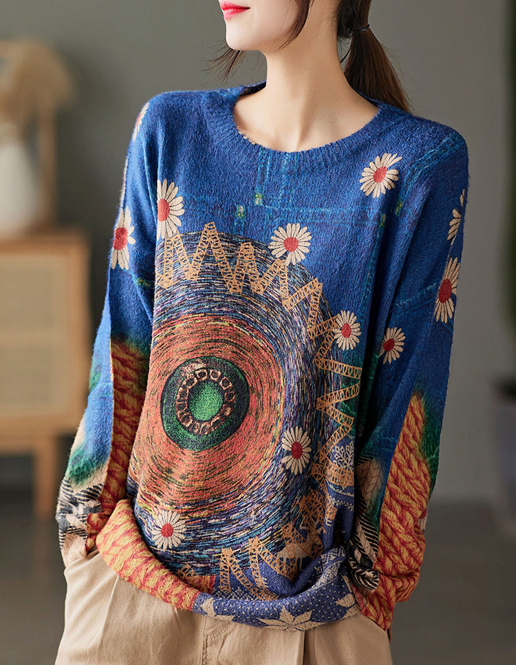 Retro Contrast Color Print Knit Round Neck Sweater