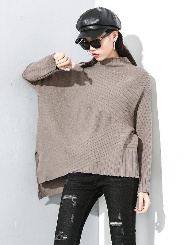 Plain Cropped Striped Turtleneck Sweater