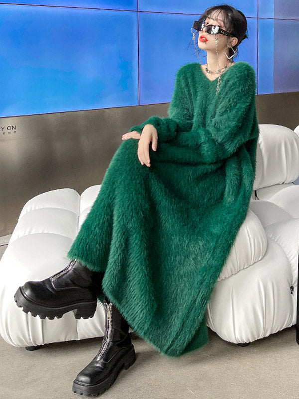 Original Pure Color V-Neck Long Sleeves Sweater Dress