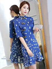 New Blue Chiffon Mermaid Short Cheongsam