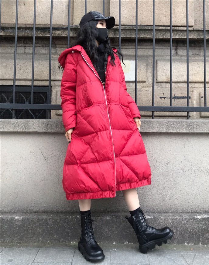 Large Size Loose Mid-Length Thick Hooded Down Coat